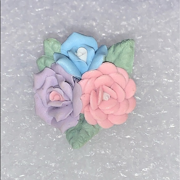 Ceramic Blue, Pink, & Violet Roses Brooch Pin - Picture 2 of 14
